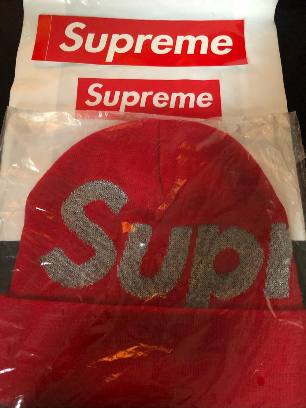 Supreme Red Beanie with Silver Embroidered Logo